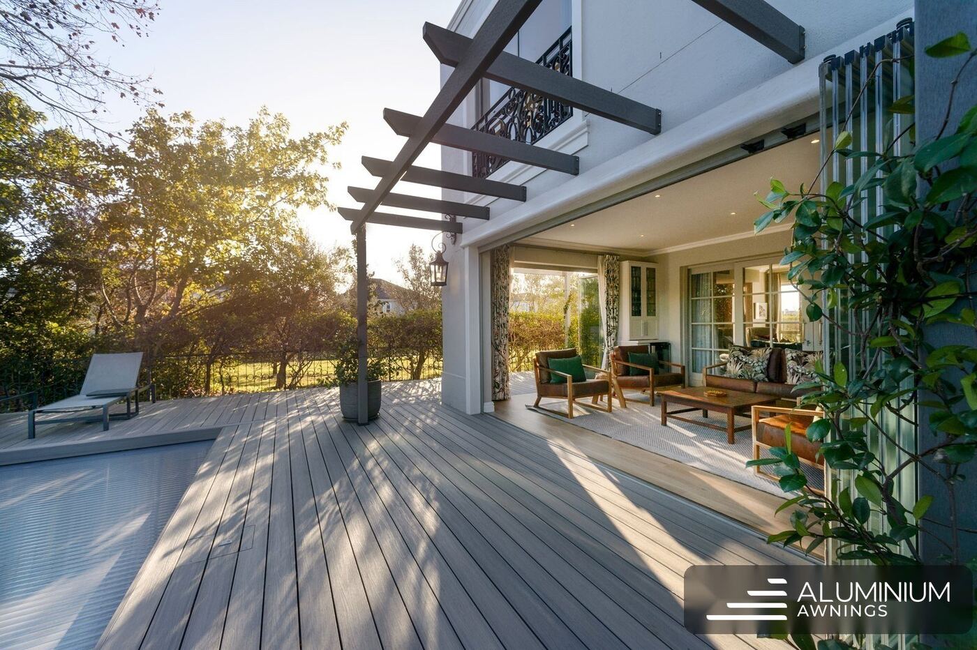 Composite pergola over a covered composite deck at a home in Val de Vie, Paarl.