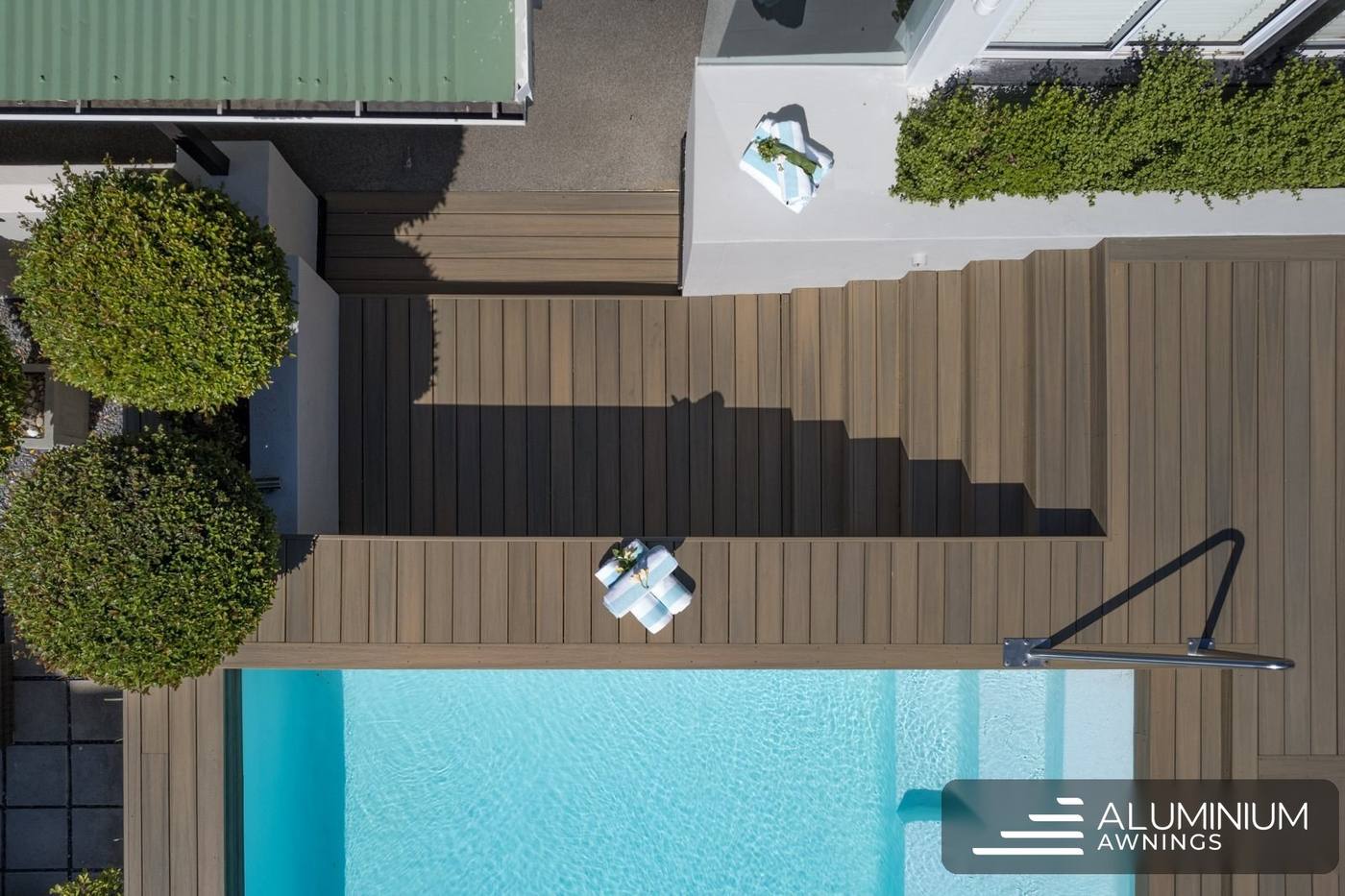 Composite pool deck and stairs seen from above