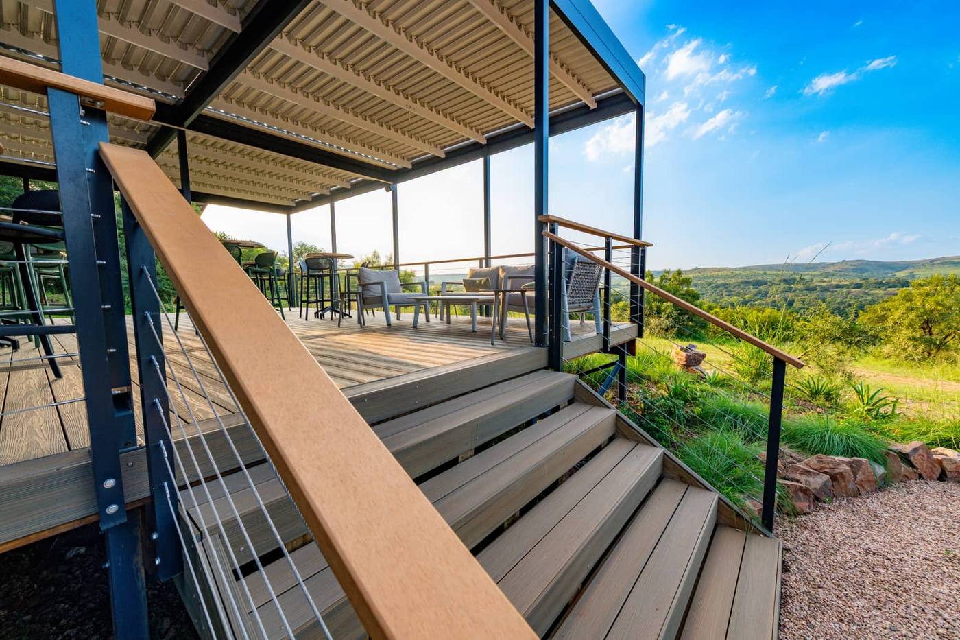 Raised composite deck and stairs at a bushveld lodge